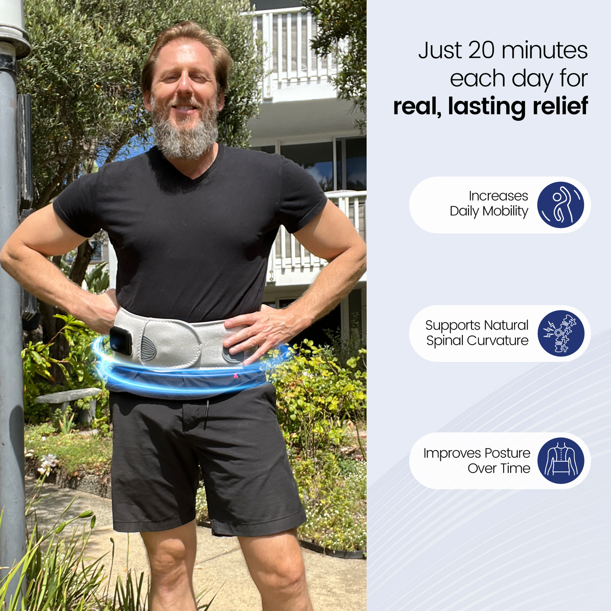 Man wearing the Restore belt outdoors after 20 minutes of use