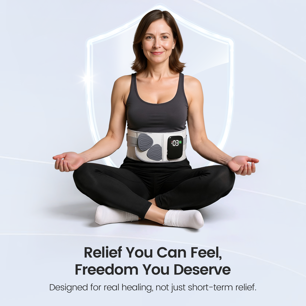 Woman sitting comfortably while wearing the Restore belt